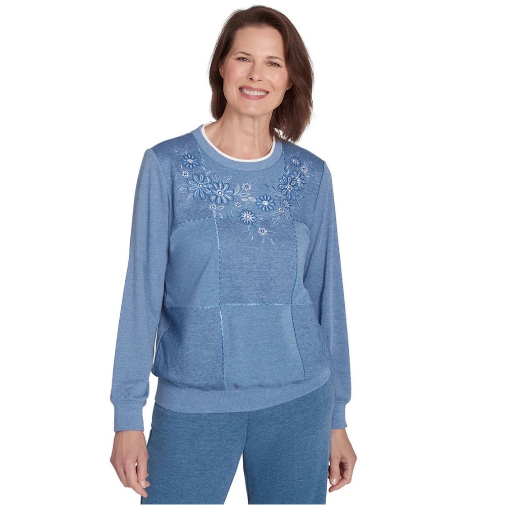 Alfred Dunner Casual Fridays Women's Embroidered Boxes Cozy Crew Neck Top XL